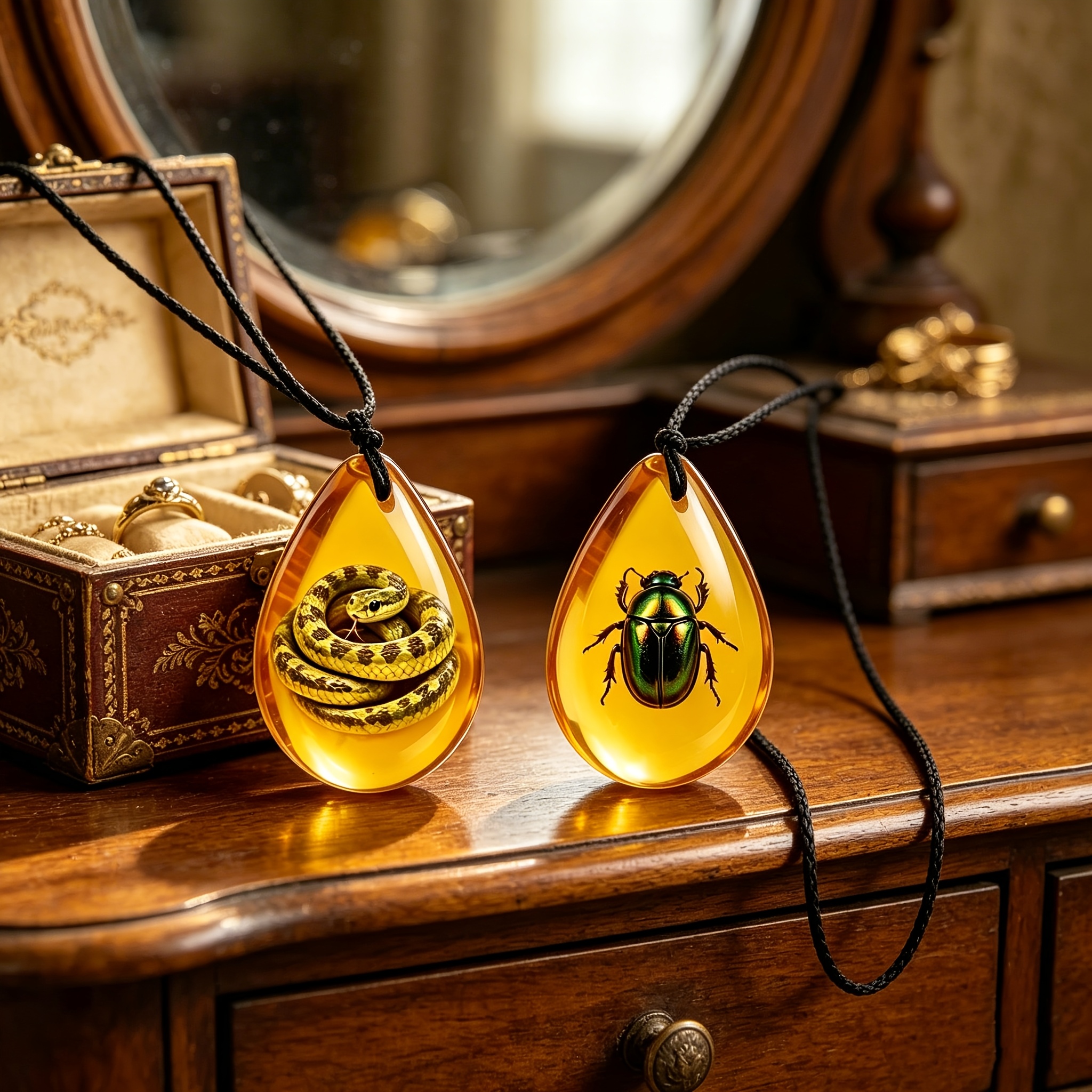 2pcs Unisex Imitation Amber Snake & Beetle Pattern Necklace Set