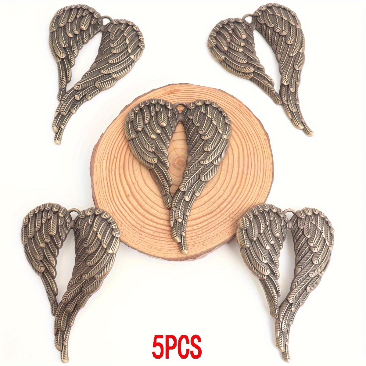 Image of 5 Alloy Heart-shaped Wing Pendant Ornaments, 4.6*6.8cm, For Diy Necklaces, Car Decorations, Window Hangings, And Valentine's Day Gift Crafting