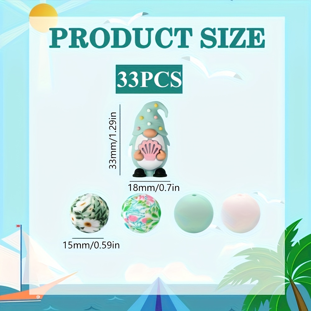 TEMU 33pcs Silicone Beads Set - Misty Beach Gnome And Floral Pattern Handmade Beads, Suitable For Crafting Supplies, Bracelets, Necklaces - Durable