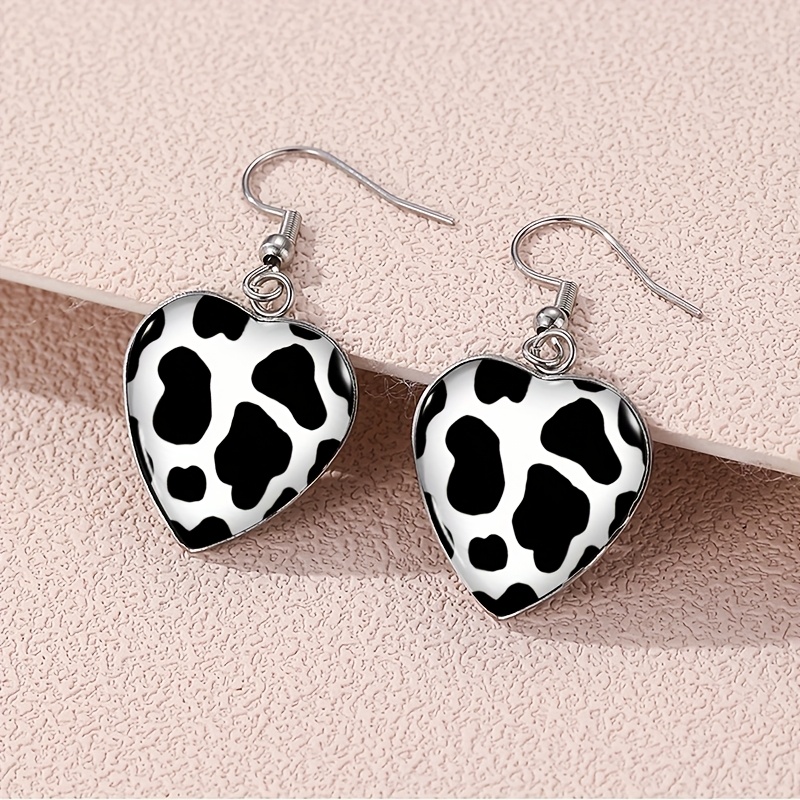 Image of 1 Pair Cow Pattern Dangle Earrings Heart-shaped Earrings