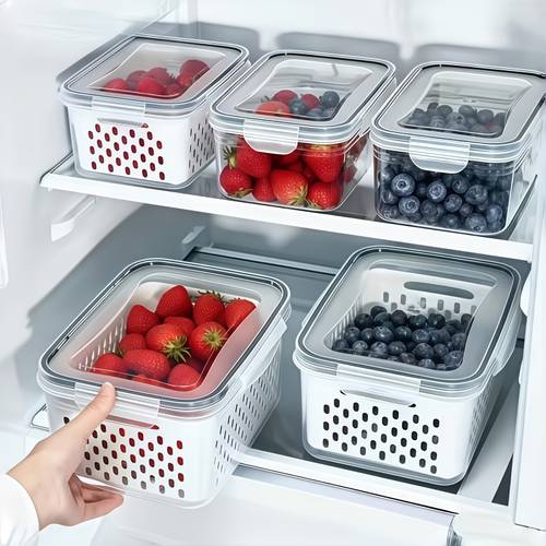 imagem do item conjunto de 4 peças de recipientes de capacidade para armazenamento de frutas com escorredor removível, de alimentos hermético para geladeira e lavável na lava-louças, a de frutas vermelhas, frutas e legumes, 2 caixas + 2 cestos de drenagem