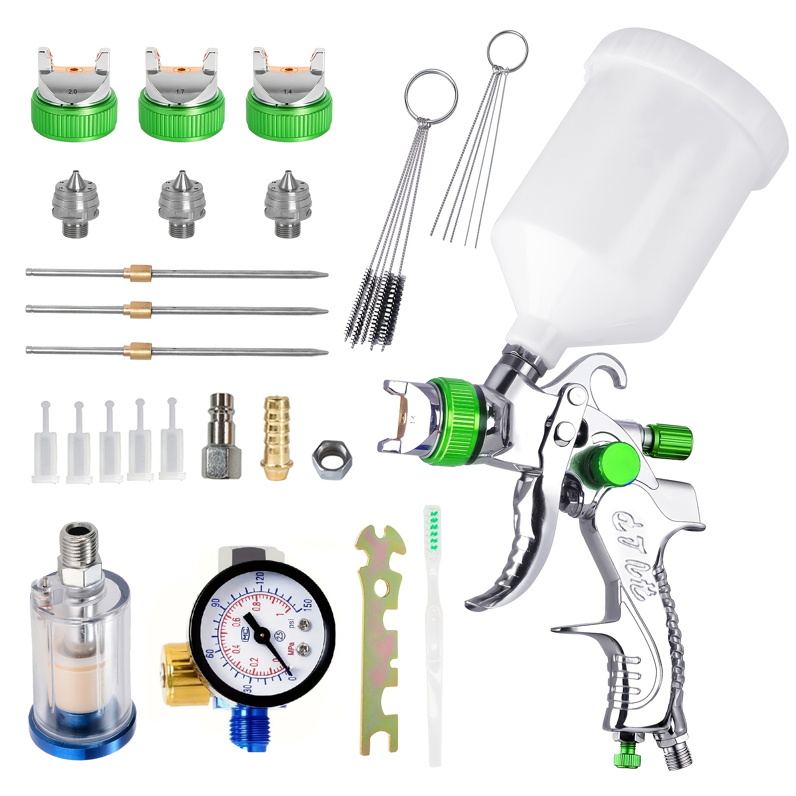 TEMU Hvlp 20.29oz 1.4/1.7/2.0mm Gravity Pneumatic Air Paint Spray Gun, Used In Car Repair Paint Kit, With Pressure Regulator And Filter, Aluminum