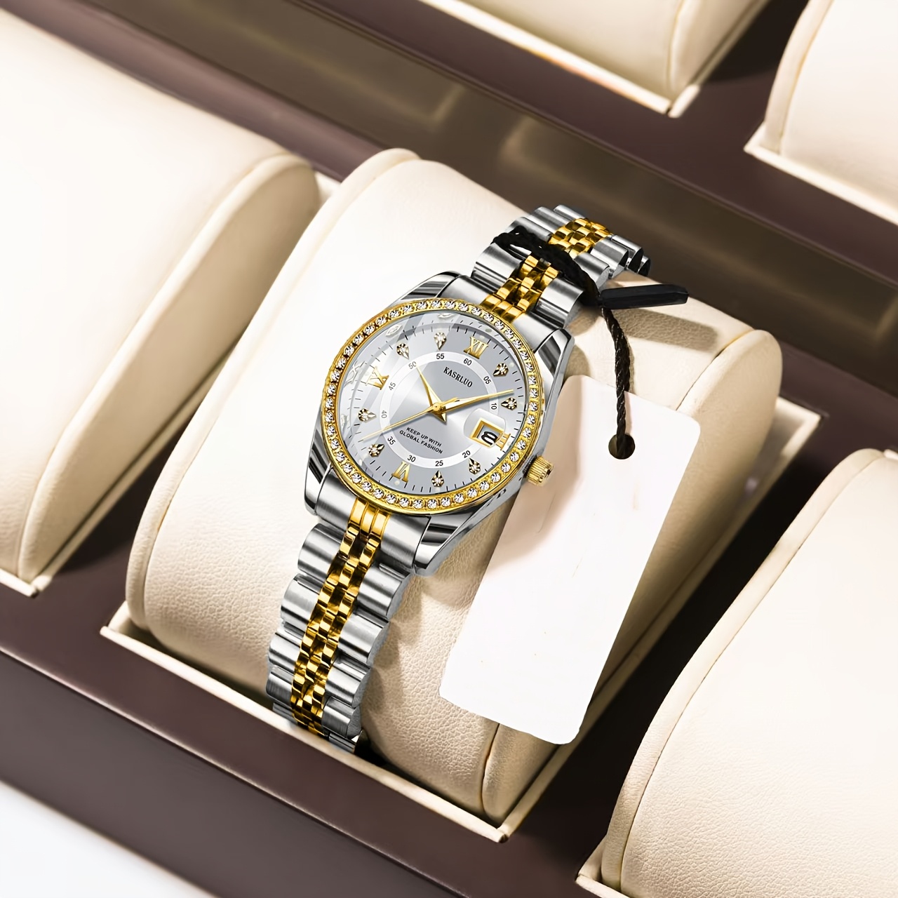 KASRLUO Women's Stainless Steel Quartz Watch with Luminous Rhinestone Date Display, Blue Dial & Golden-Tone Band - Elegant Business Style, Casual Elegance | Elegant Timepiece | Luminous Dial