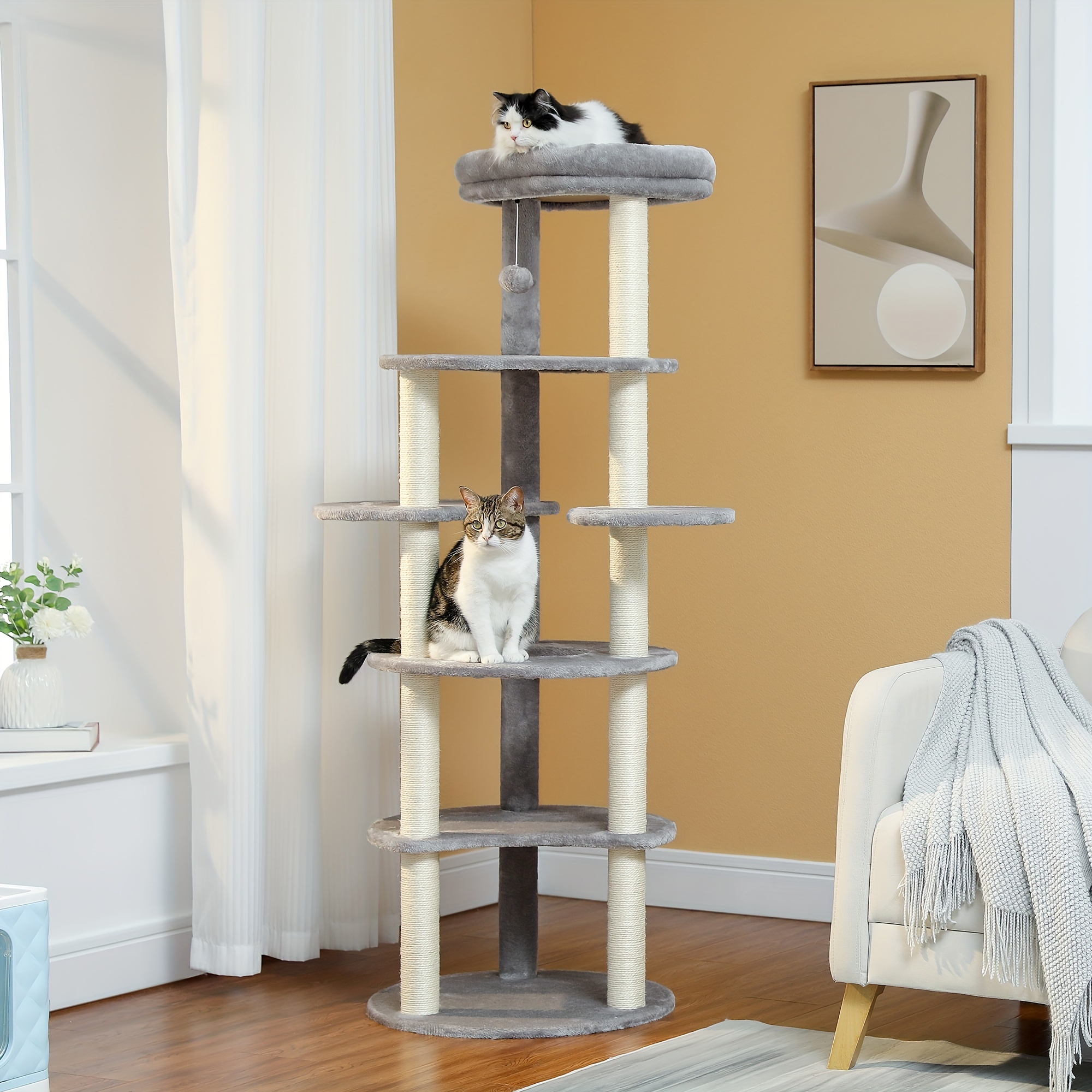 

61" Tall Cat Tree For Indoor Cats, 6-levels Cat Tower With 9 Sisal Scratching Posts And Replaceable Dangling Ball, Large Top Perch, Cat Activity Center, Funny Hanging Ball, Beige, Grey