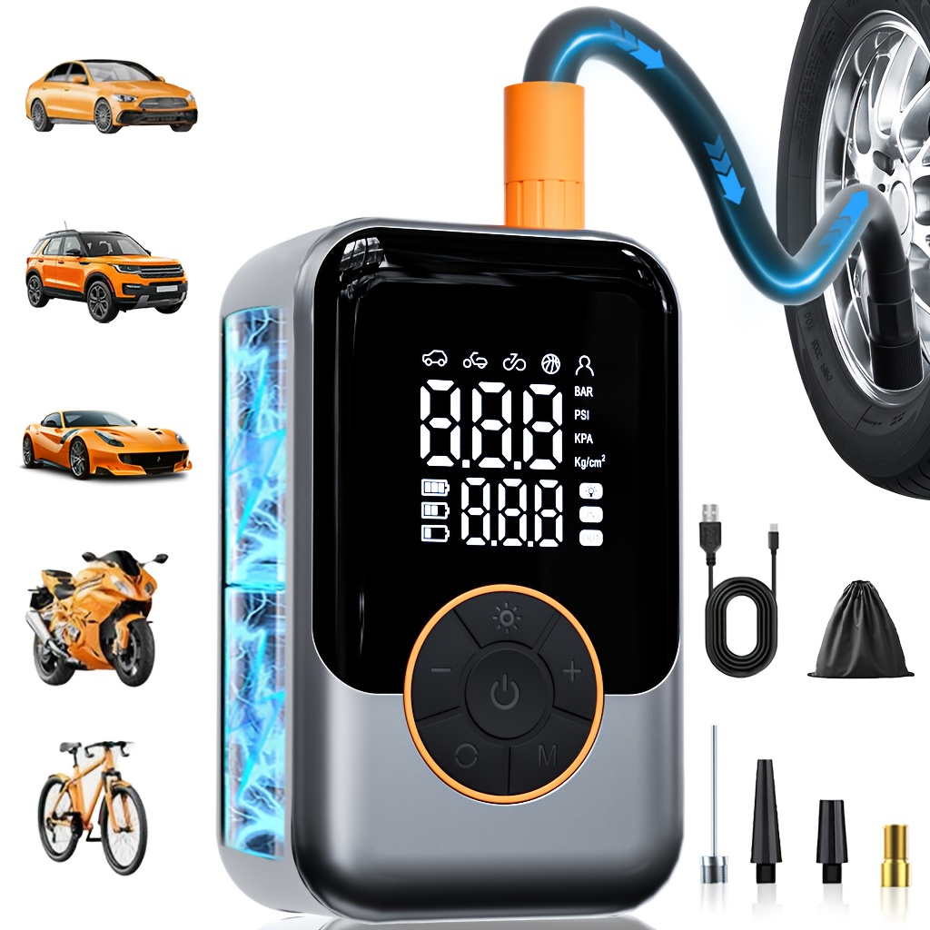 Portable wireless air pump with digital pressure gauge, built-in LED light and automatic pressure maintenance design, one-key smart air compressor, high-tech USB air compressor for cars, motorcycles, bicycles and sports equipment.