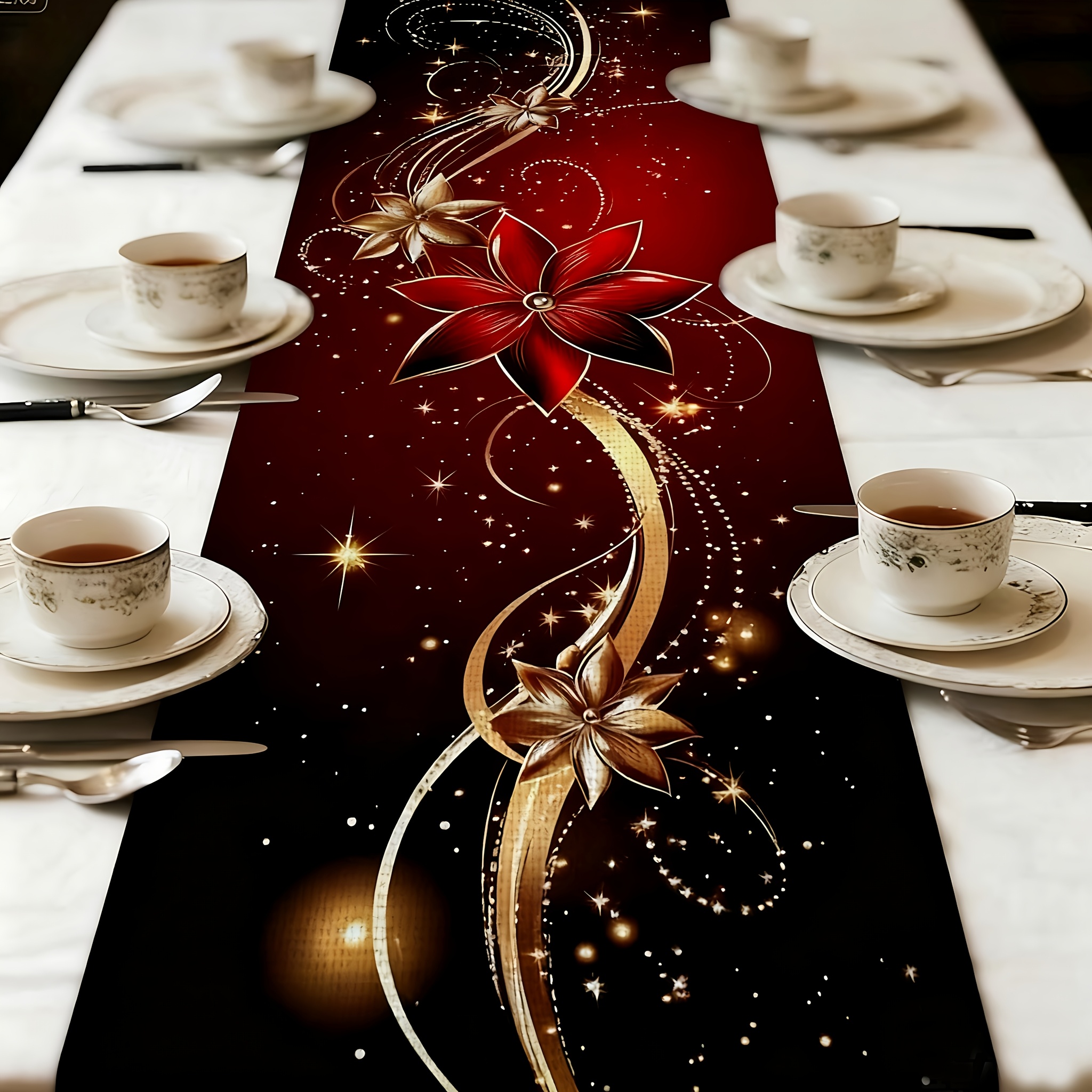 TEMU 1pc Christmas Table Runner - Elegant Red And Golden Holiday Table Decoration With Floral Accents - Durable Polyester Material, Ideal For