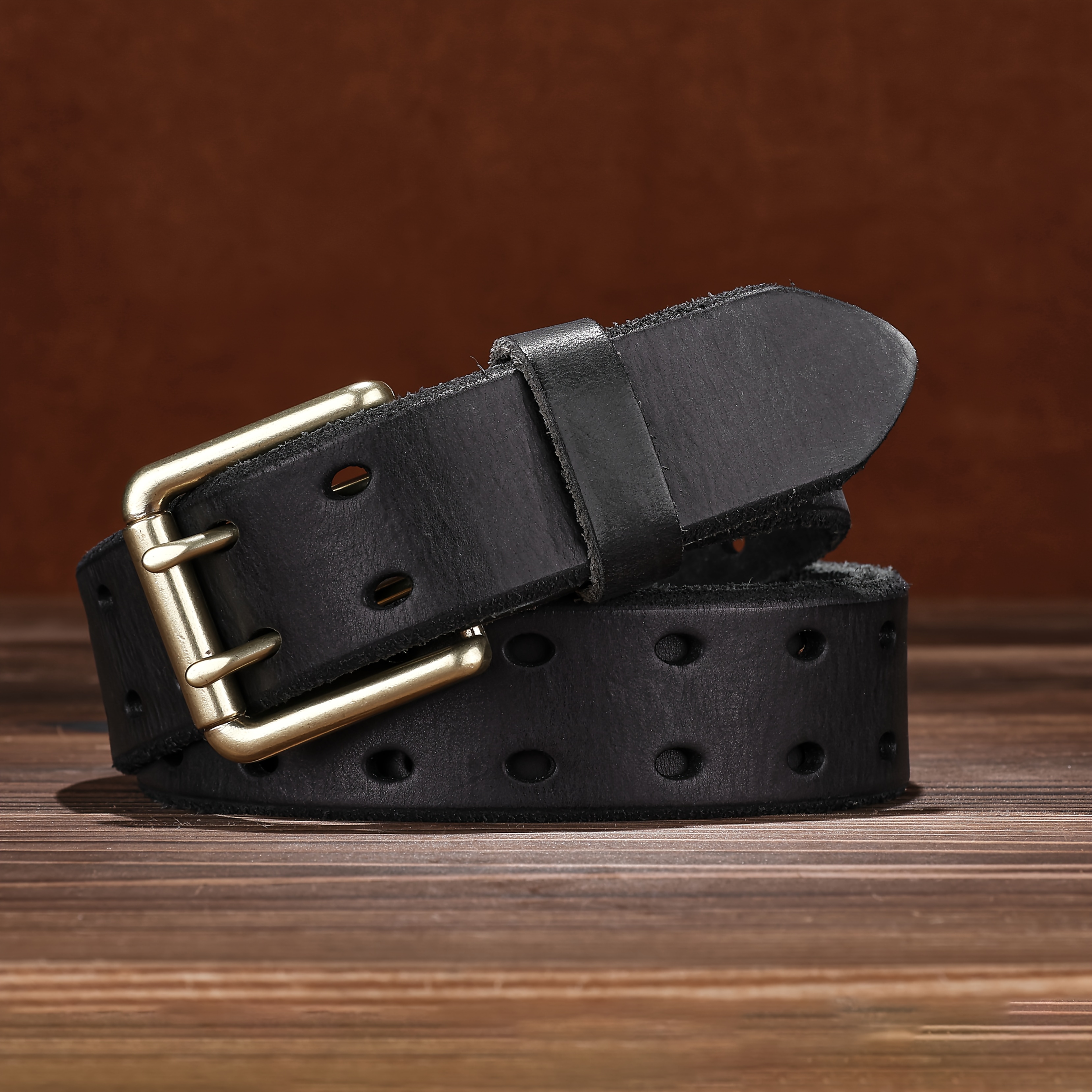 Vintage Distressed Texture Leather Belt with Double-Needle Buckle
