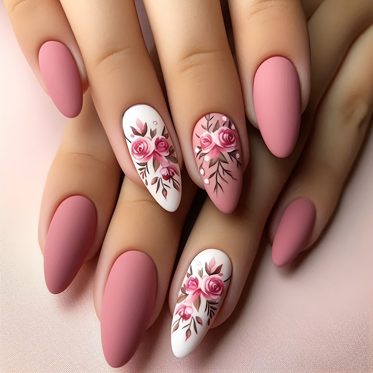 Image of Upgrade Your With 24pcs Medium-length Almond-shaped Red Matte Texture Press-on Nails Featuring Pink Floral & 1 Nail File & 1 Jelly Self-adhesive Sticker