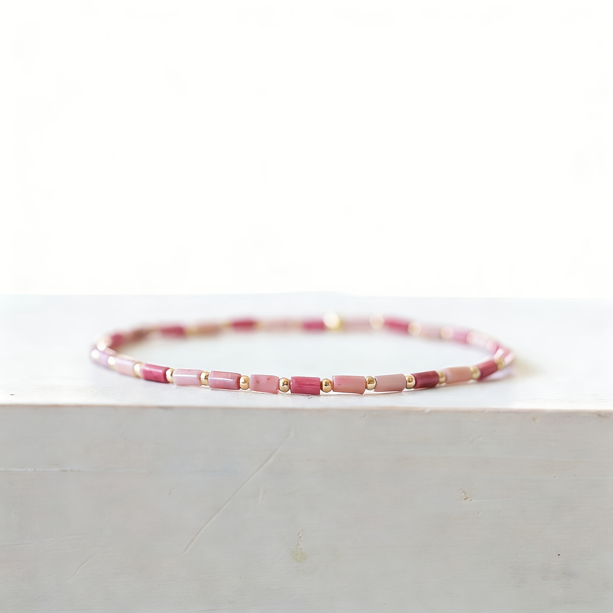 TEMU 1pc Natural Rhodochrosite Tube Bead Bracelet For Women - Handmade Pink Elastic String Jewelry With Genuine Mineral Beads, Suitable For Daily