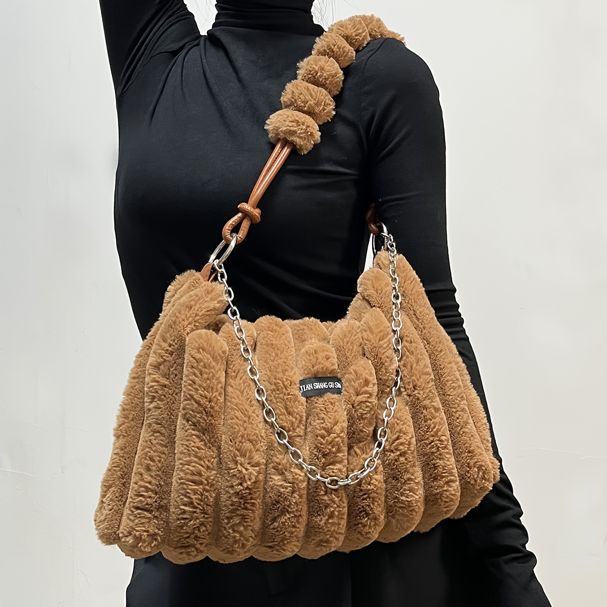 

Elegant Fur Tote Bag For Women - , Detachable Strap, Zip Closure, Lightweight & Stylish, Autumn Winter, Rabbit Fleece, Crossbody