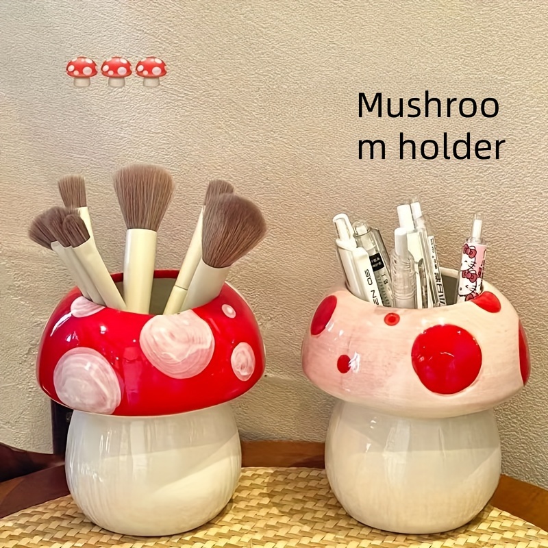 

Ceramic Mushroom Makeup Brush Holder - Countertop Organizer For Cosmetic Brushes And Office Supplies, Cute Desk Accessory Storage For Students And Girls, No Electricity Needed, With Features - 1 Piece