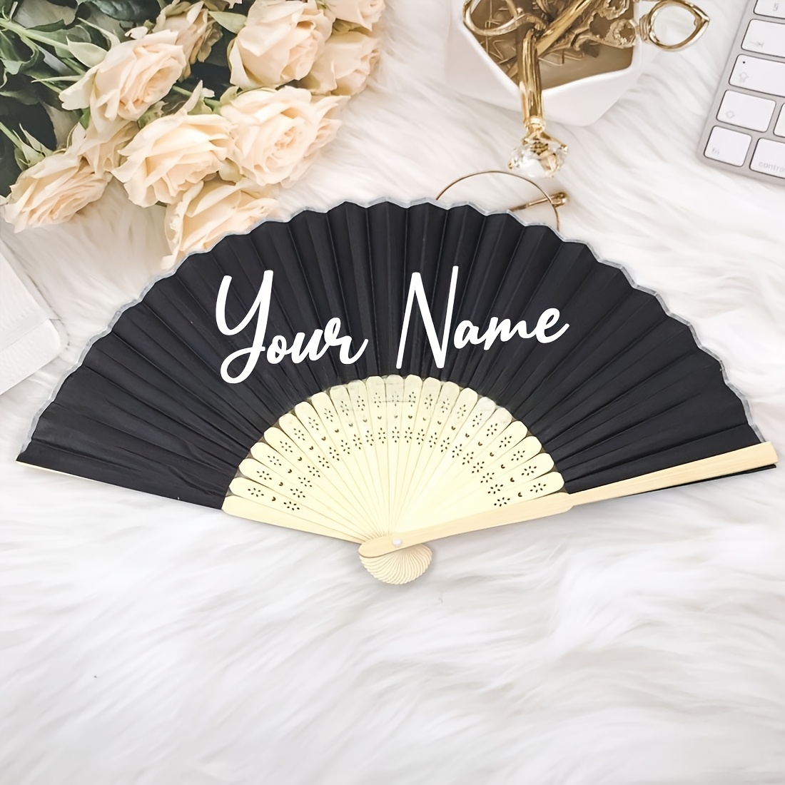 TEMU 1pc Custom Vintage Folding Fan, Portable Handheld Fan, Wedding Bride Fan, Bride Photo Prop, Customizable Name, Suitable For Dances, Graduation