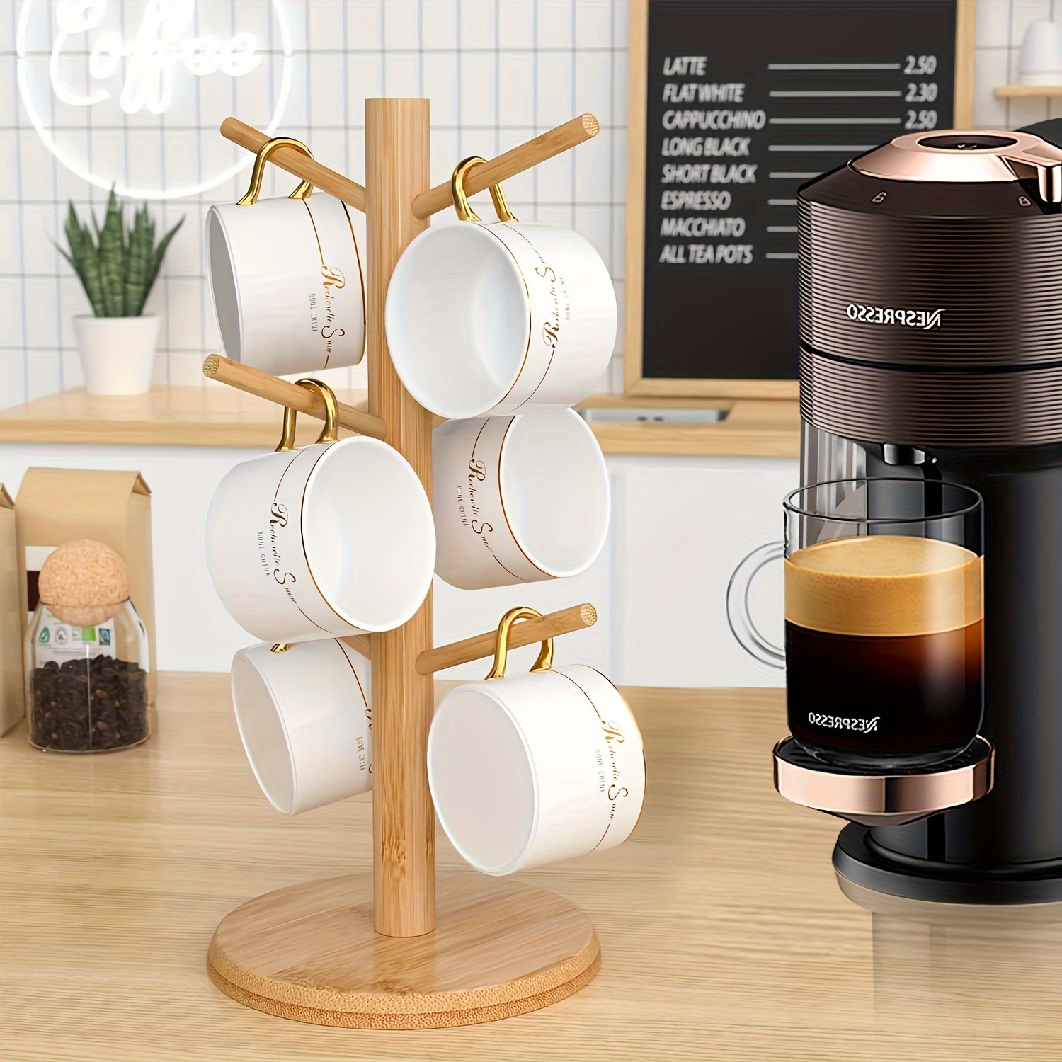 rustic wood mug tree holder 8 hooks coffee cup rack stand - Temu Bahrain