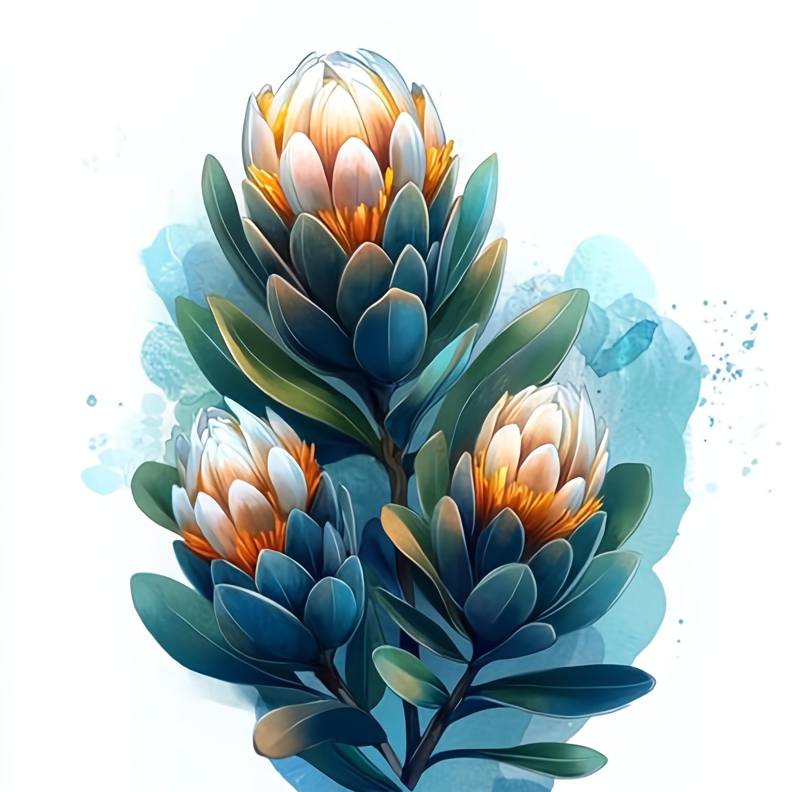 Cross-Stitch Printing Kit Featuring Three Blue Leaf Watercolor Flowers