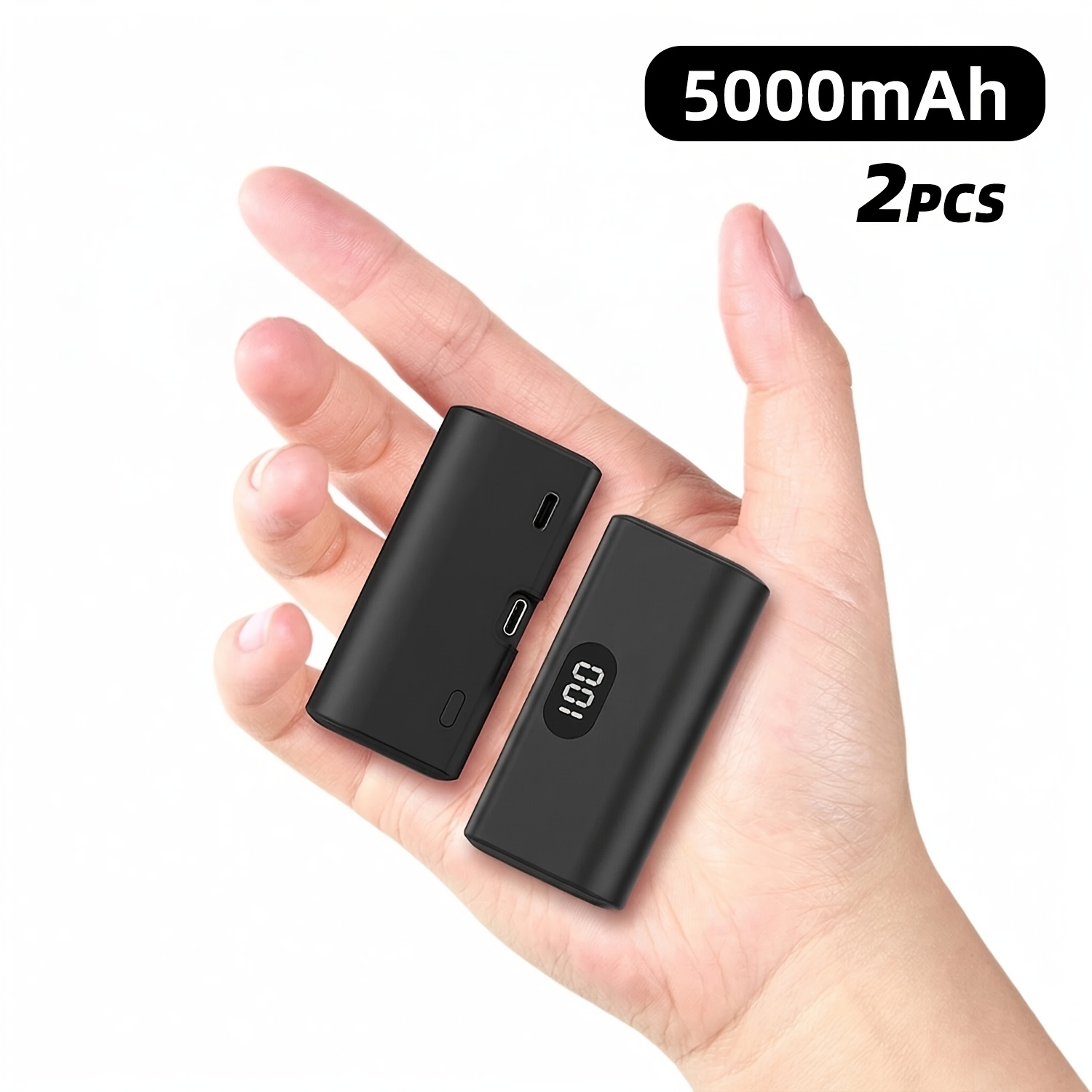 2pcs Portable 5000mah Power Bank Built-in Usb-c Direct Plug 5v2a Output, Led Digital Display, To Carry Cable, Direct Plug Charging, On Airplane, Suitable For Ios17/16 Plus/15 Pro/15 Pro Max/pad Pro/