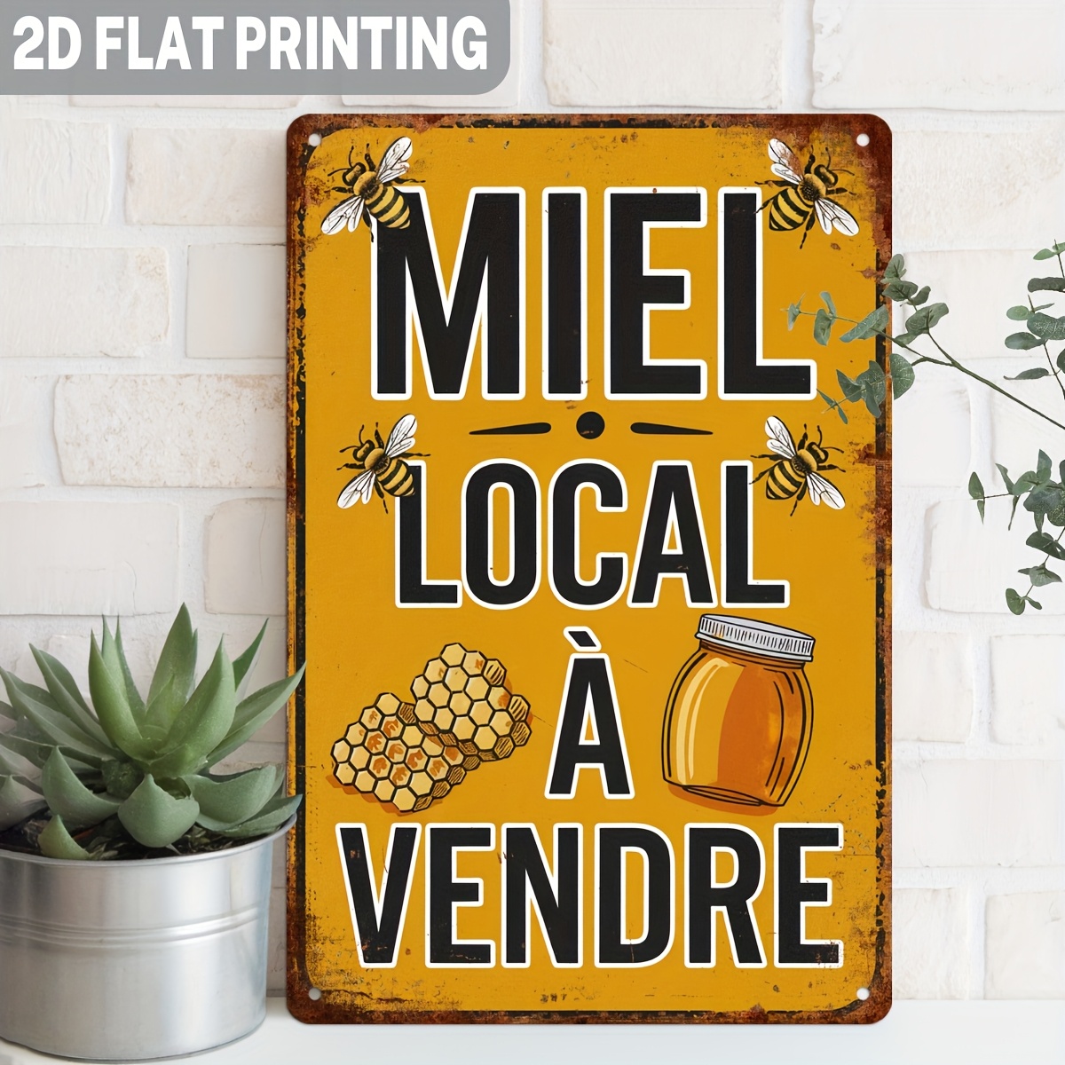 TEMU Plaque Murale Plate 2D, 1 pièce, Panneau Mural en Métal Abeille et Vintage Français - Décoration Rustique de Ferme avec Français 'Miel ', Motif