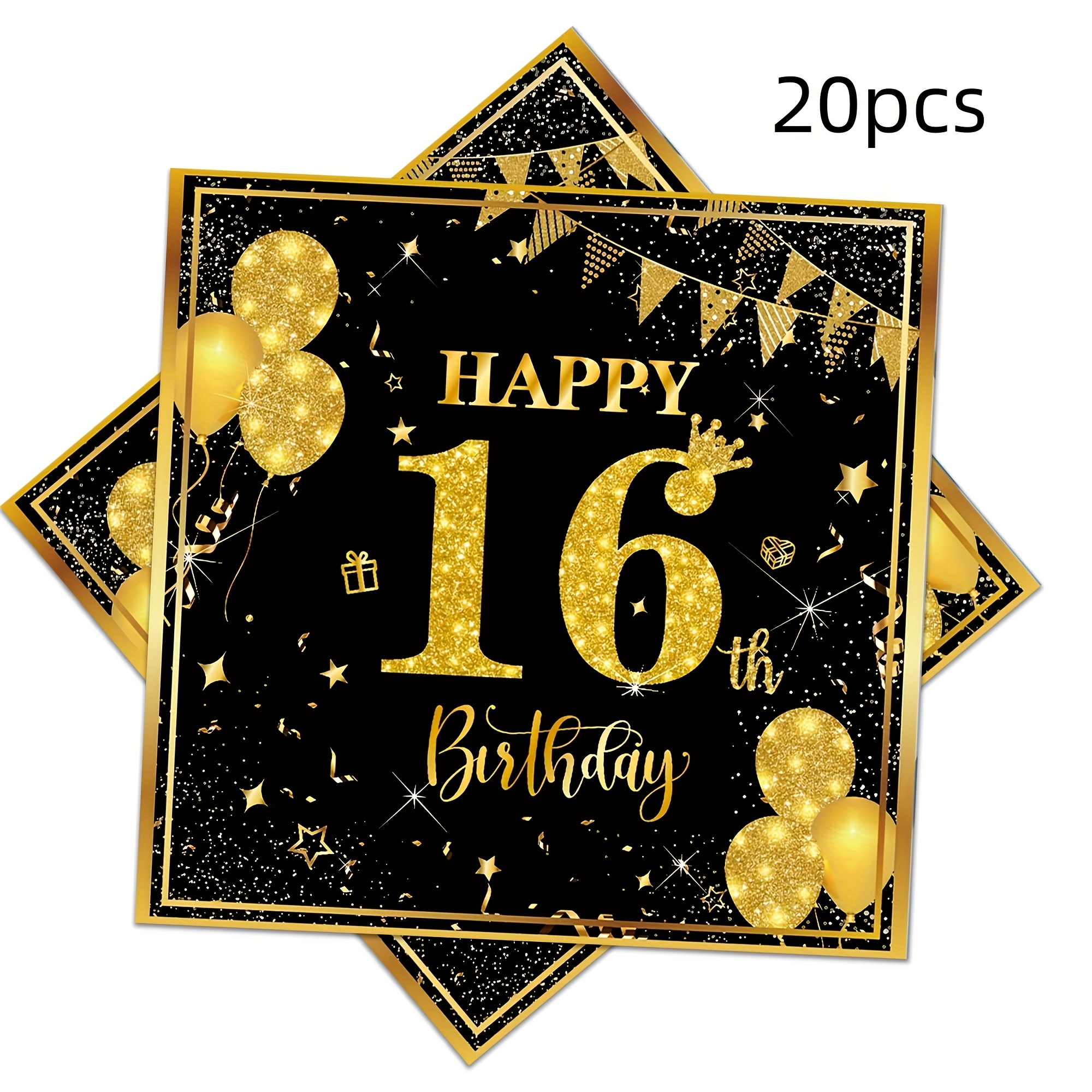 E-shop 20 Stück schwarze und goldene Party Servietten für ein 16. Geburtstag, mit goldener Verzierung und glänzenden goldenen Ballons, für eine