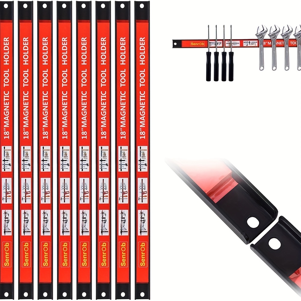 TEMU 8pcs Heavy-duty Magnetic Tool Holder Wall-mounted Tool Bar - 18-inch Metal Strip Rack With -hooks & Brackets, For, Workshop, For &,