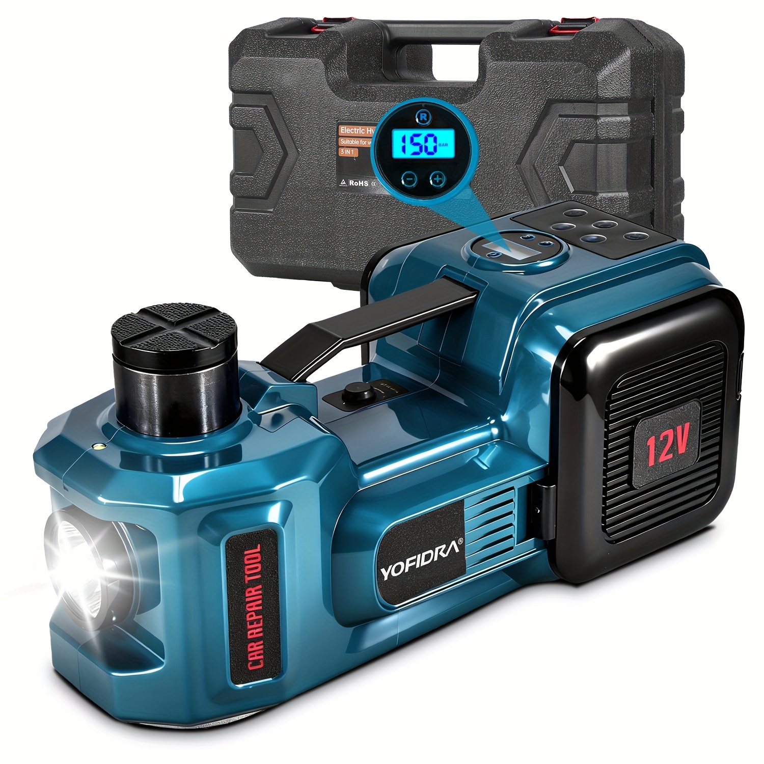 TEMU 5 Ton Hydraulic Jack With Inflatable Pump & Led Light, 12v Electric Car Jack Hydraulic, -53cm Lift Range, Digital Display, Portable Floor Jack