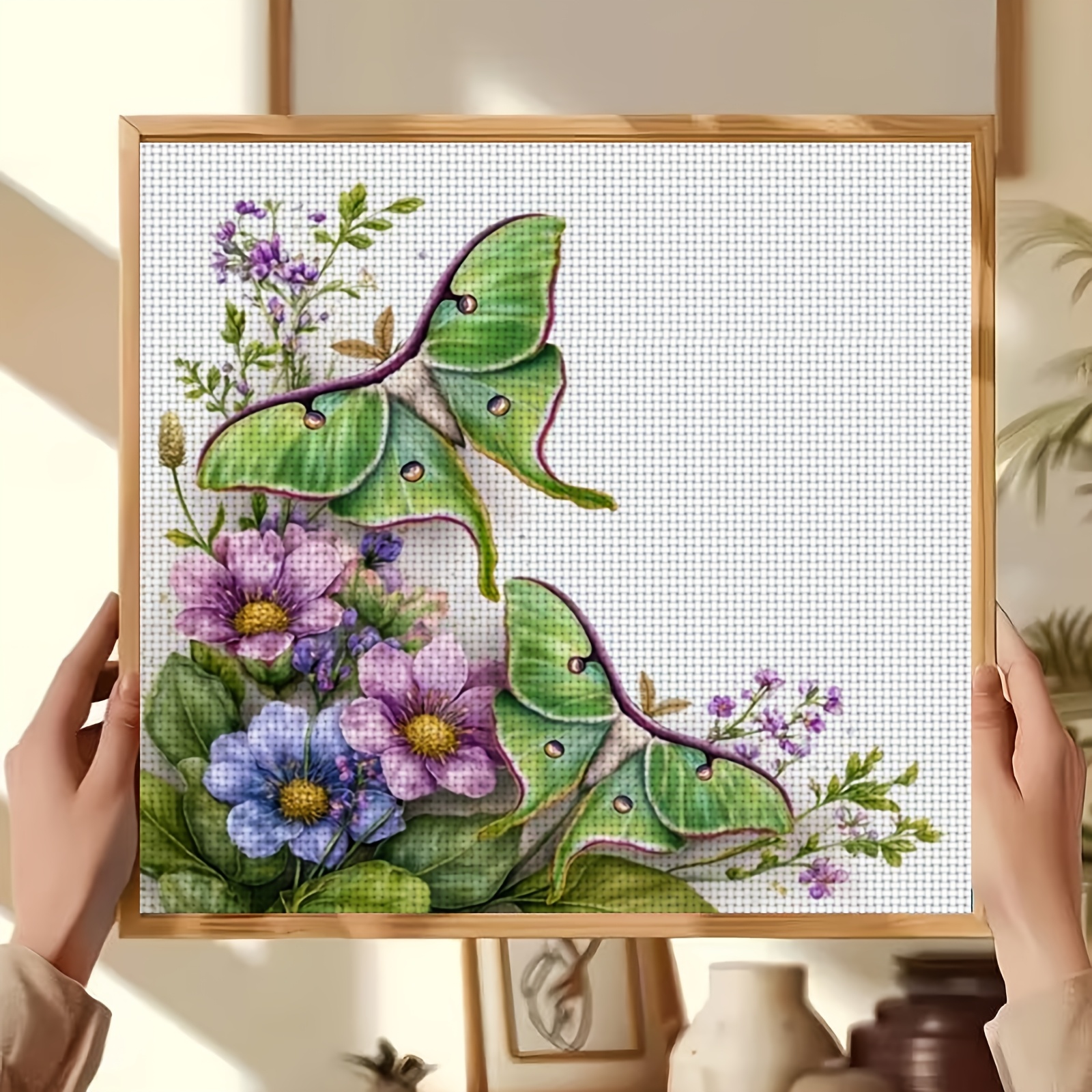 Cross-Stitch Printing Kit, Double Green Moth Flower Cluster Design