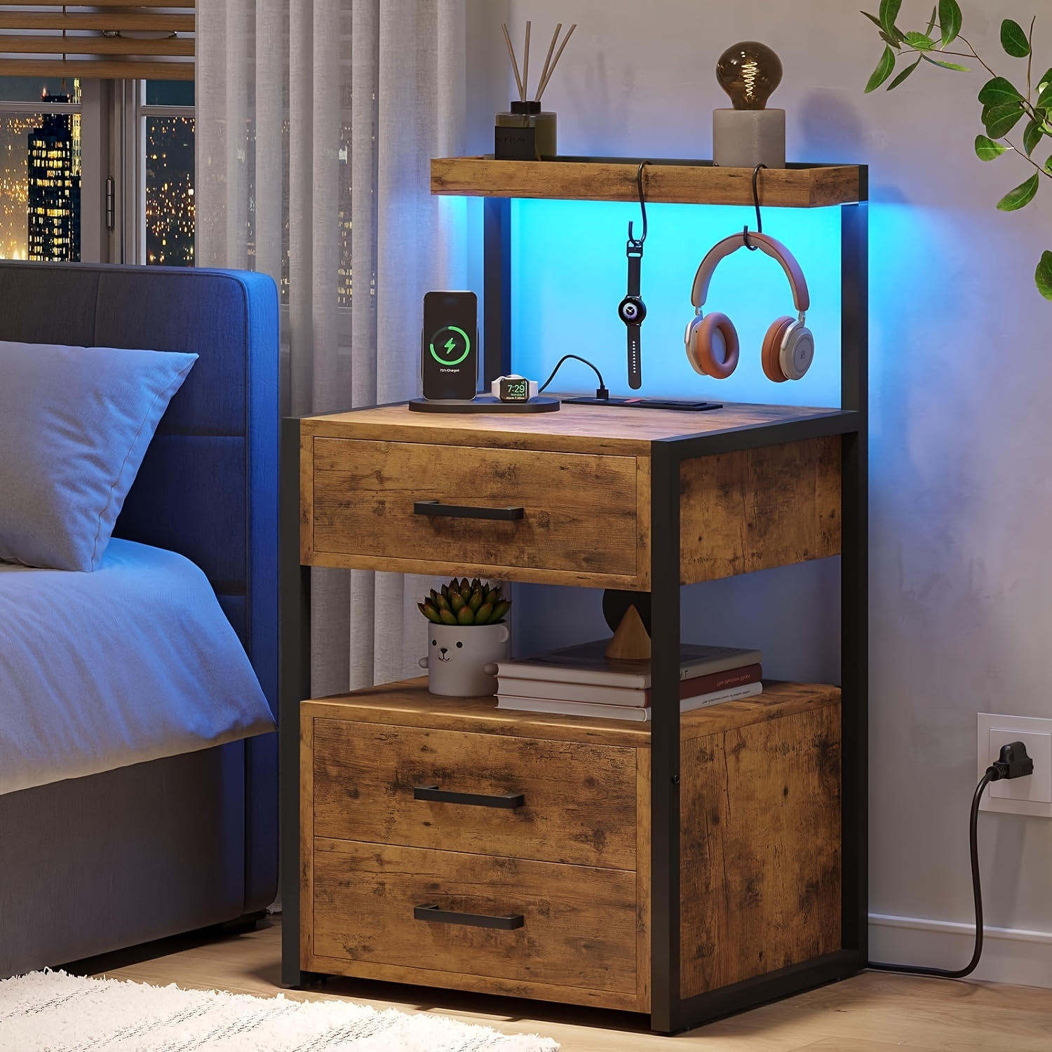 

Led Nightstand Charging &led Lights For , End Tables 3 Drawers& For , //