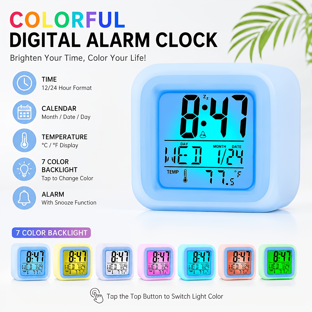 TEMU Digital Alarm Clock Thermometer Hygrometer, Blue Backlight Desk Clock With Month Date Day Display, Indoor Temperature Humidity Monitor, Compact