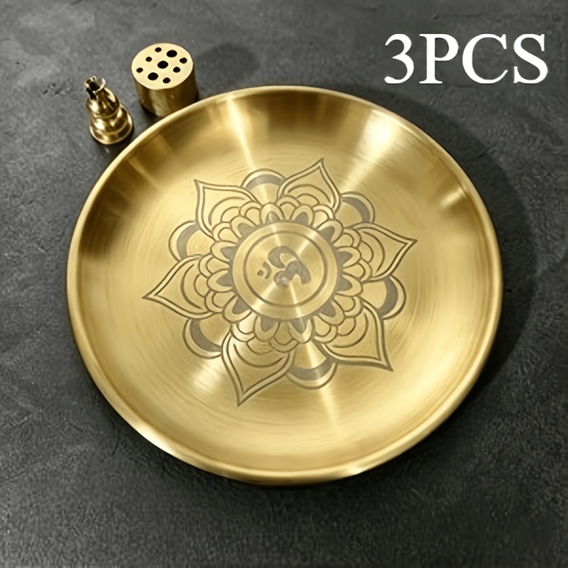 TEMU 3pcs Brass Incense Holder Tray Set, Lotus Carved Gold-plated Incense Stick Holder For Incense Sticks, Yoga Meditation Home Fragrance Decoration