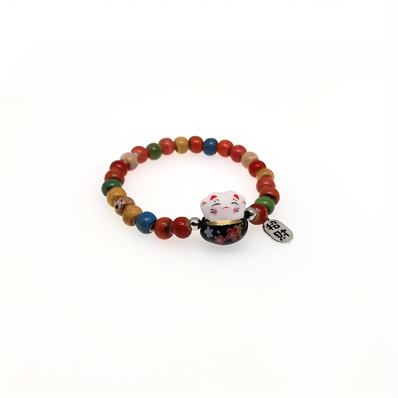 Ceramic Cat Charm Bracelet with Colorful Beads - Festive Accessory