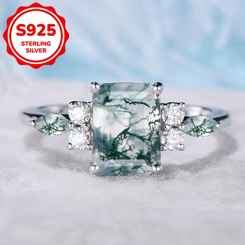 

Elegant & Sexy Natural Moss Agate Engagement Ring - 925 Sterling Silver Plated Promise Ring For Women - Unique 2.4g Anniversary Gift, Wedding & Banquet Jewelry With