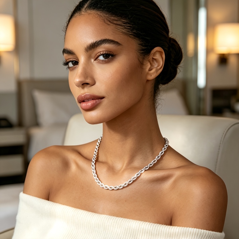 Women's Glossy Silvery Twisted Rope Braid Necklace, Stainless Steel