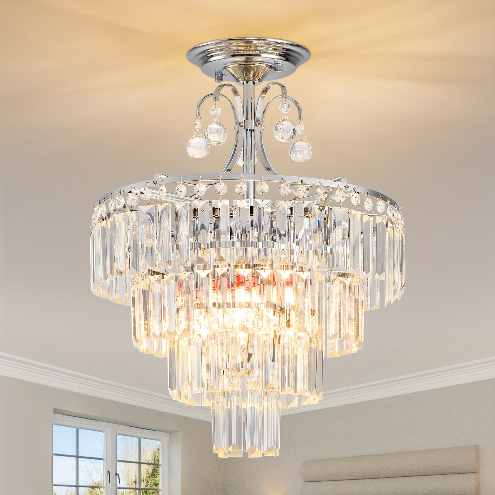 Modern Chrome Crystal Pendant Light Semi Embedded Ceiling Light Dining Room Kitchen Bedroom Living Room Ceiling Light E14 Lamp Holder (bulb Not Included)