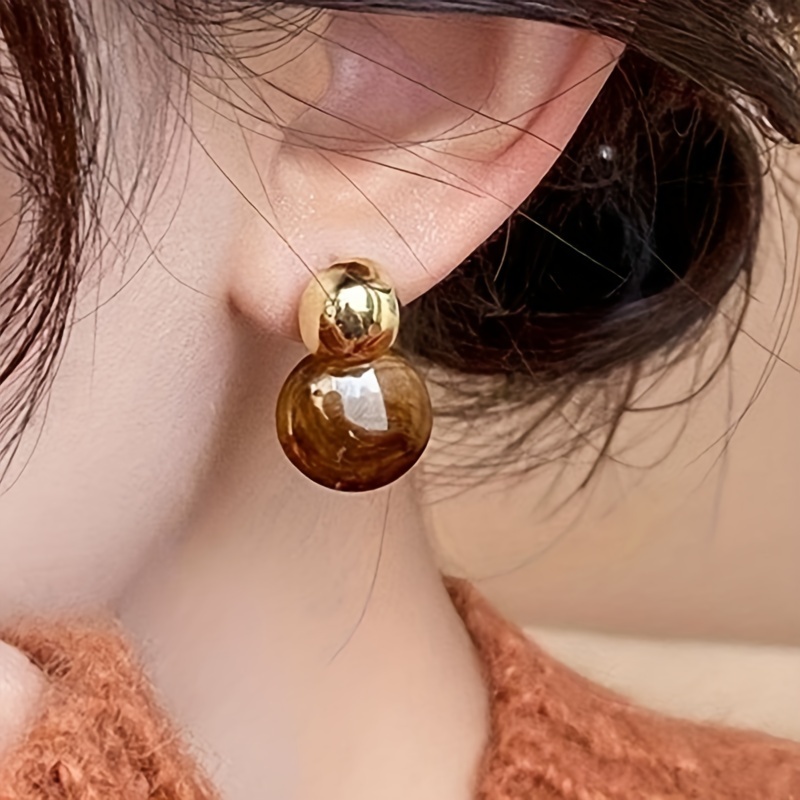 Boho Style 14K Golden Plated Copper Geometric Drop & Dangle Earrings for Women - Fashion Round Resin Textured Earrings, Stainless Steel Ear Needle, No Mosaic Material, Suitable for Party Occasions, All Seasons