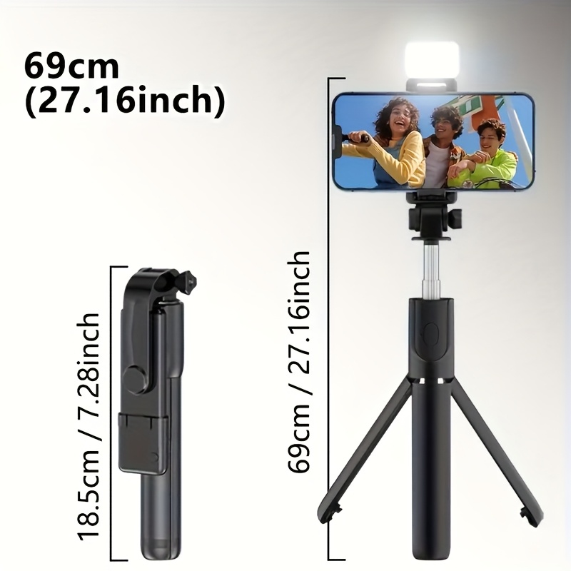 Expandable Selfie Stick for Phones Featuring an Integrated Fill Light, Designed for Professional Live Streaming. This Wireless Remote-Controlled Tripod Rotates 360° And Is Perfect for Hiking, Travel, Vlogging, And Outdoor Activities