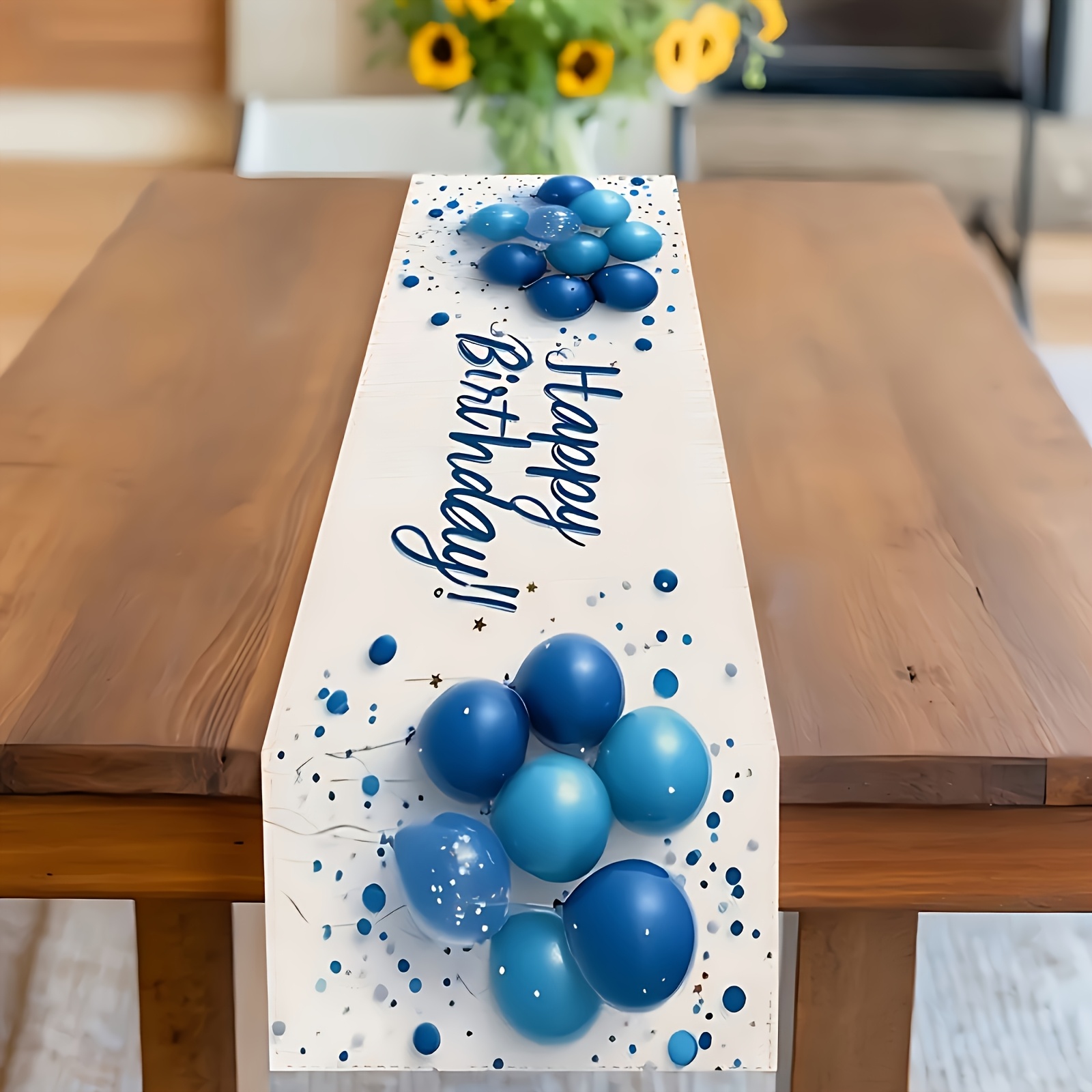Image of 1pc Blue Birthday Party Table Runner With Balloons And Fireworks | Polyester, Ideal For Dining, Kitchen, Coffee Tables, Indoor/outdoor Celebrations, Happy Birthday Theme Decoration