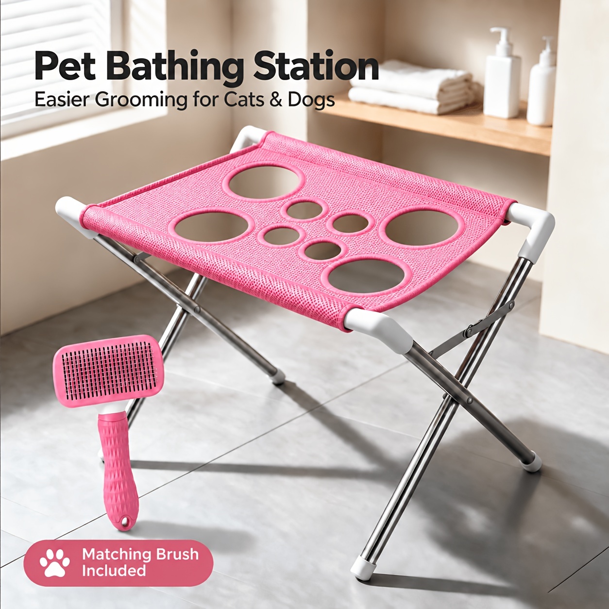 TEMU Pet Grooming Mat With Comb, Hanging Bed, Piece Foldable Dog Bath Tub Stand Set, Hole Rapid Drain Wash Basin, Suitable For Small Dogs And Cats Up