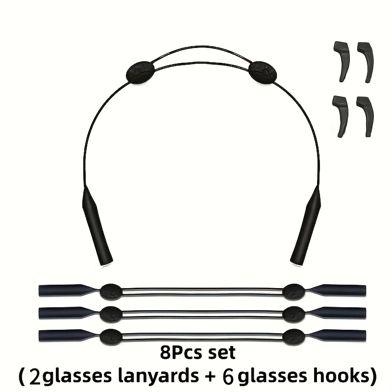 TEMU 8pcs Set: 2 Eyeglass Lanyards   6 Eyeglass Hooks. Classic And Practical Anti-loss Eyeglass Cords, Simple Black Adjustable Fashion Eyeglass