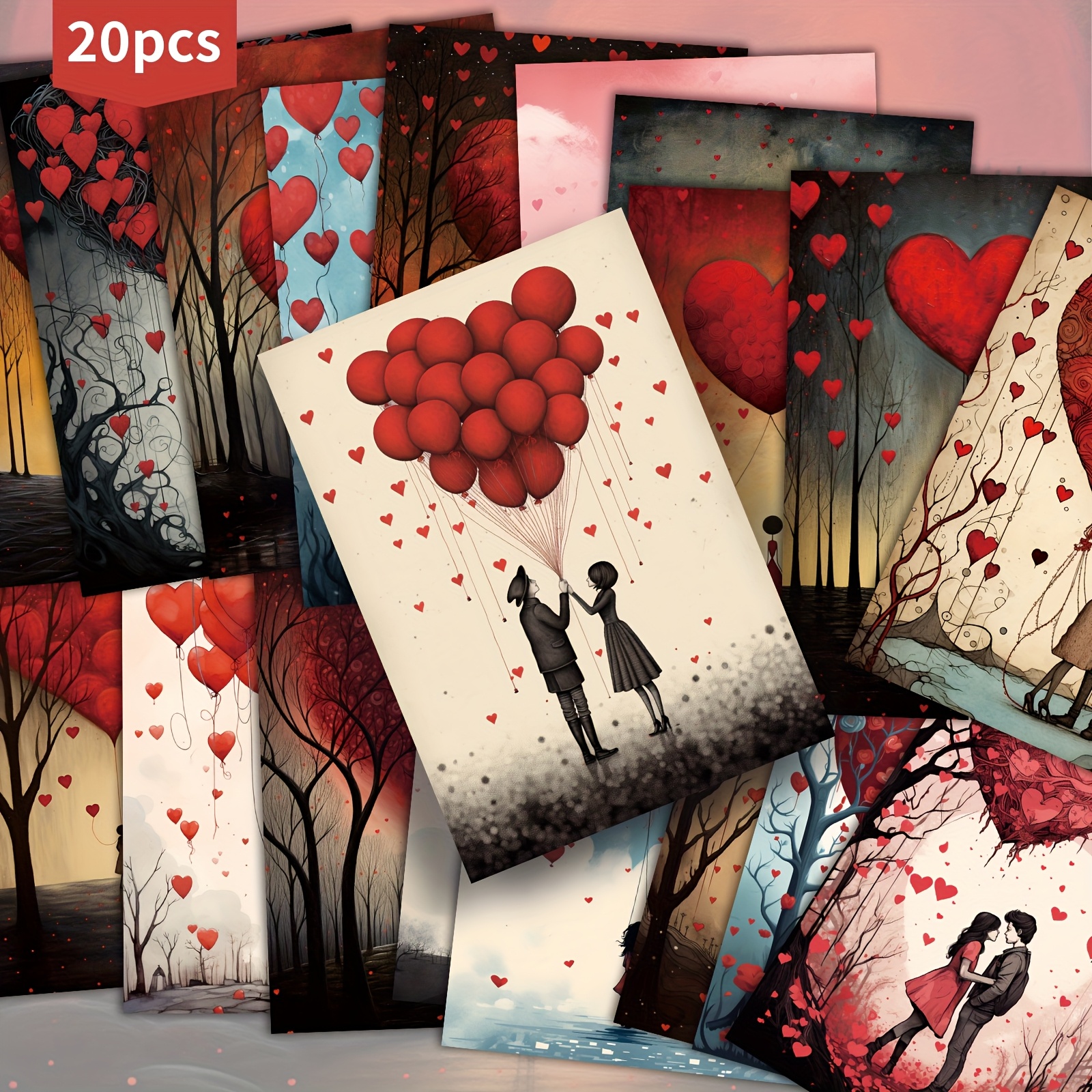 Image of 20pcs Romantic Vintage Postcards - 4x6 Inch, Heart-themed Illustrations With Couples, Hot Air Balloons, And Trees, Ideal For Scrapbooking & Crafting