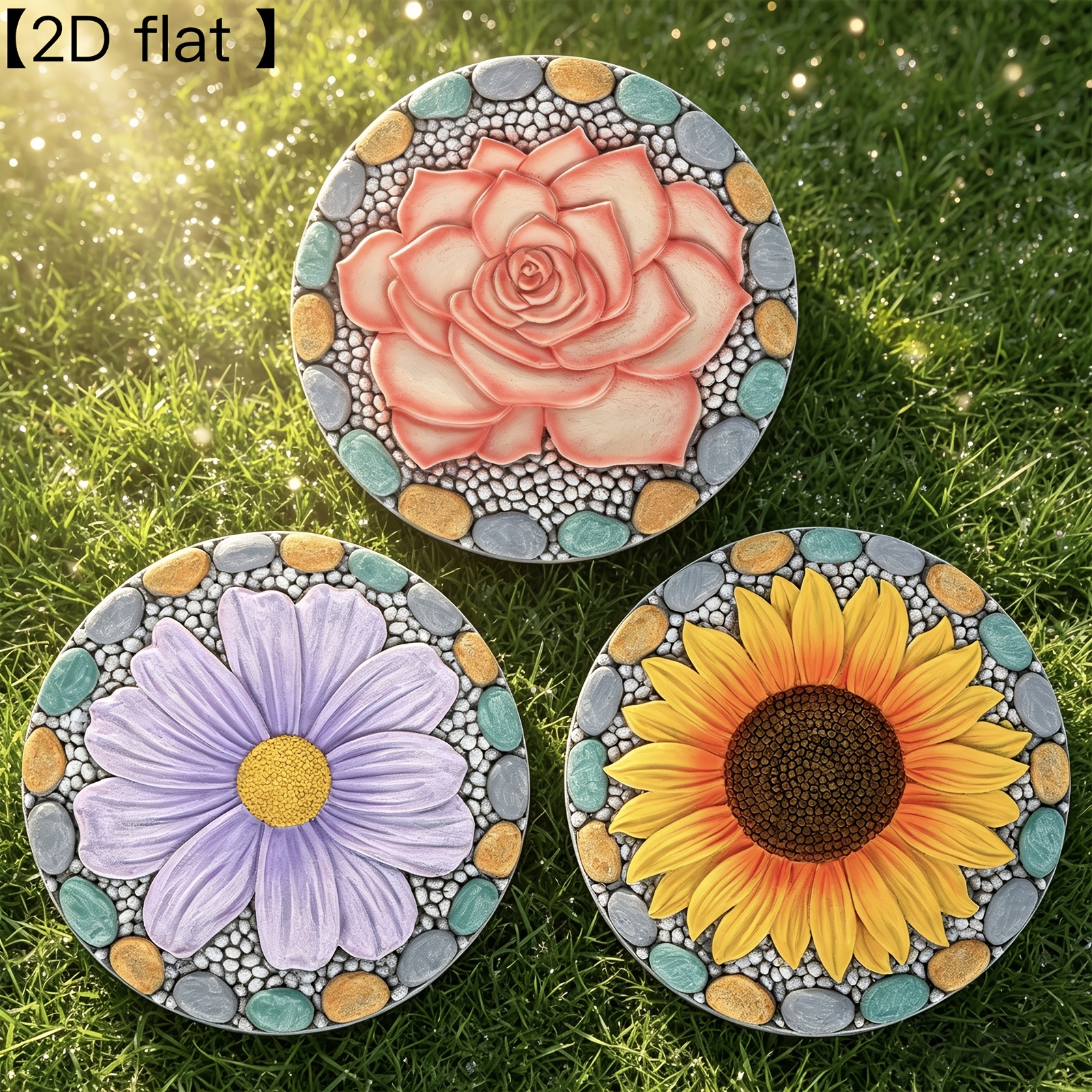 [2D Flat] 3 Pack/ 4 Pack Garden Stepping Stones, Sunflower, Chrysanthemum, Lotus, And Cherry   Set of Stepping Boards, 10-Inch Decorative Garden Stepping Stones, Lawn Decorative Stones for Patio, Garden, Walkway, Outdoor And Indoor Home Decor