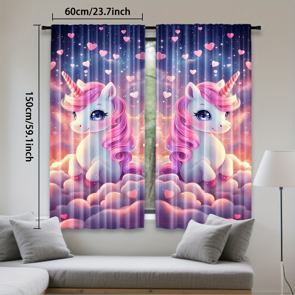 TEMU 2pcs Cute Unicorn Cloud & Hearts Artistic Doorway Curtains - 100% Polyester Rod Filtering Drapes, Semi-translucent Whimsical Design For Bedroom,