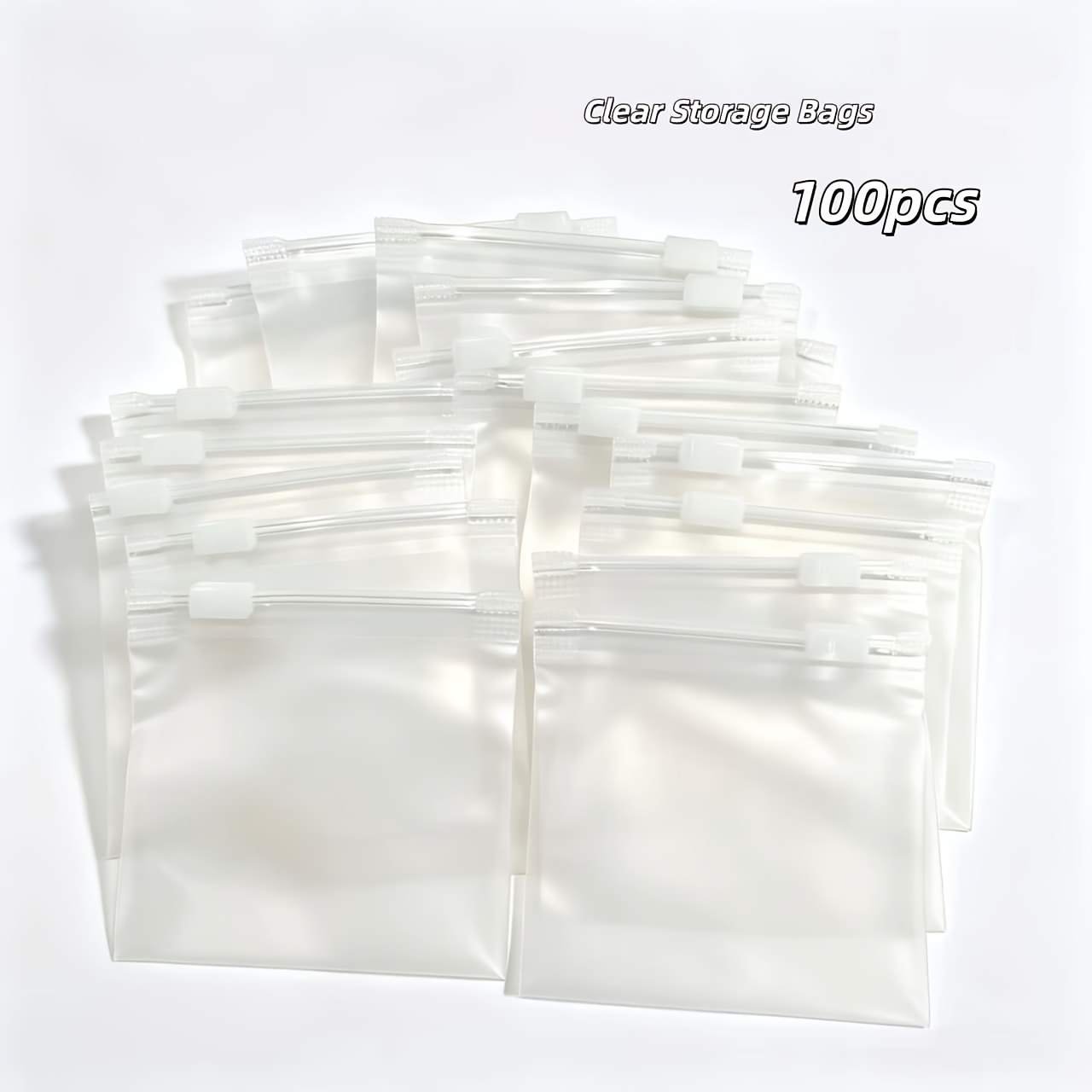 TEMU Paquete de 100 bolsas de plástico transparentes esmeriladas con cremallera de calidad, aptas para almacenamiento en el hogar y viajes,