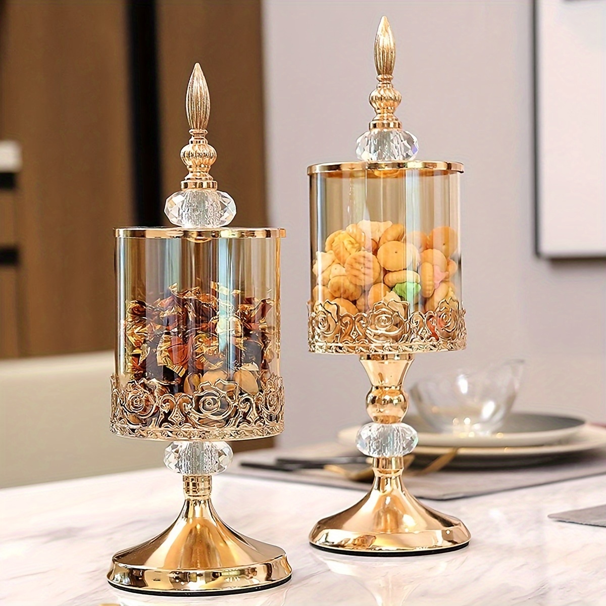 

European Style Glass Candy Jar With Lid - Luxurious Crystal Clear Storage Container For Living Room Table Decor, Elegant Floral Design Candy Server With Gold Base - Available In 2 Sizes