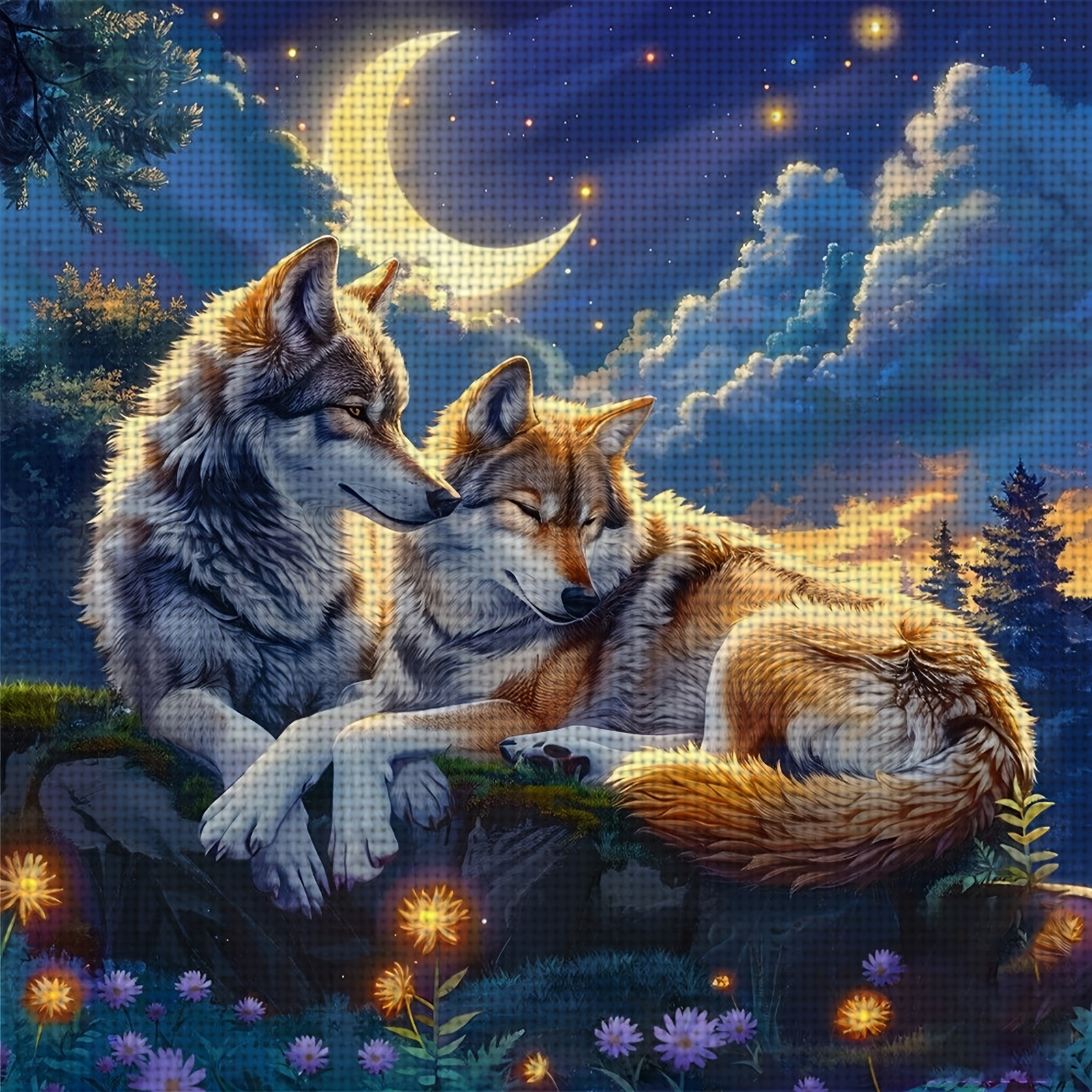 TEMU 1pc Complete Diy Cross- Kit Suitable For Adult Beginners: Embracing On Night With Wolves & - 11.8/15.7in Printed Canvas, Needle, Thread, Pattern