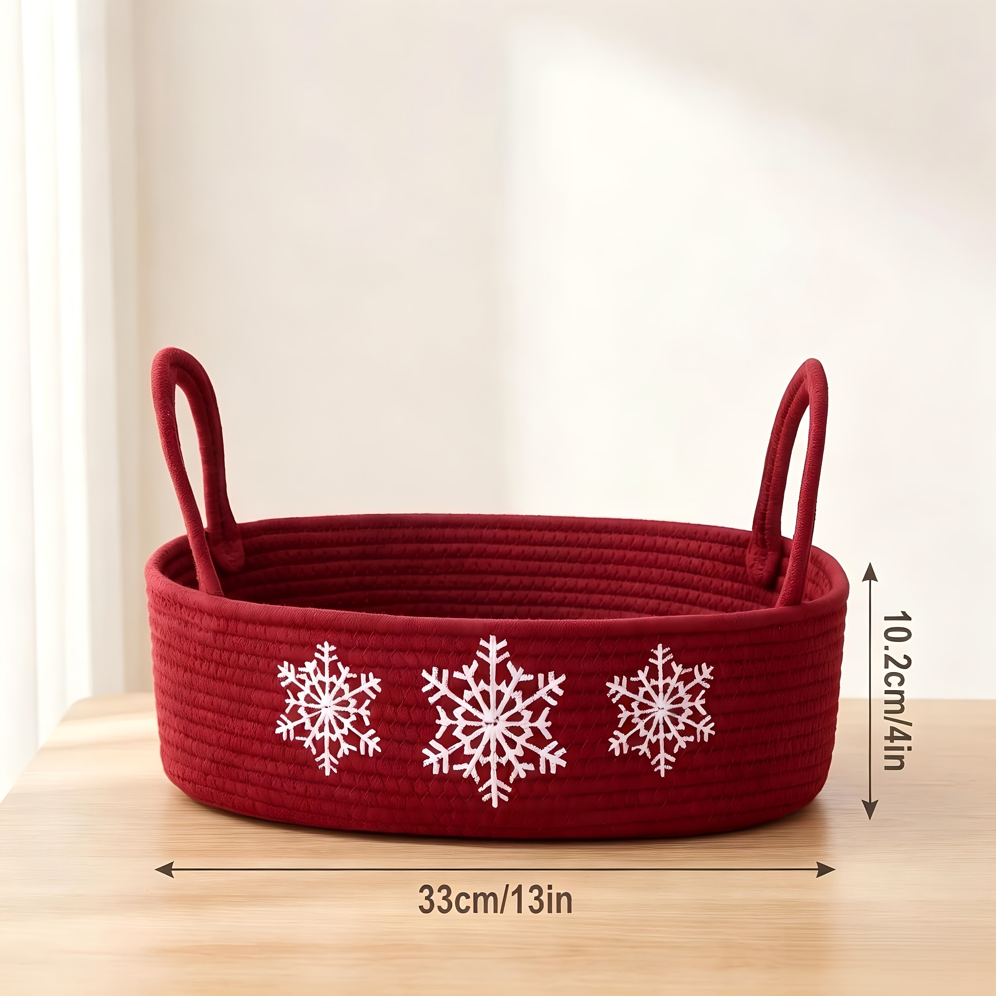 TEMU 1 panier de rangement de Noël en corde, panier tissé décoratif brodé de de neige avec poignées, panier de rangement pliable de 13 pouces pour