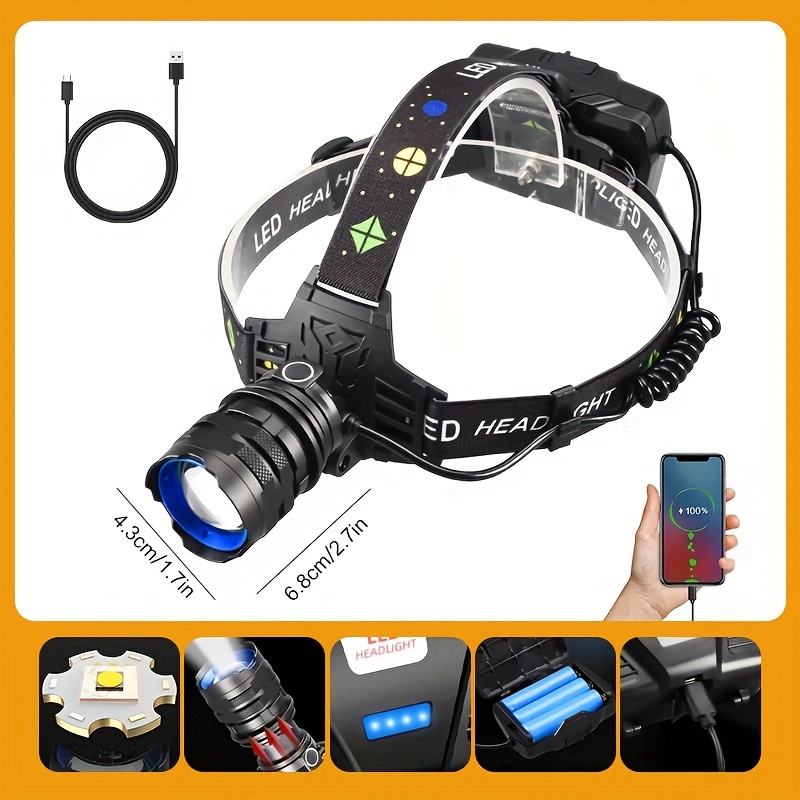 TEMU 1pc Rechargeable Headlamp Headlamp, Motion Sensor Cob&led Rechargeable Headlamp, 5 Adult Headlamp, Bright Forehead Headlamp, Hard Turban