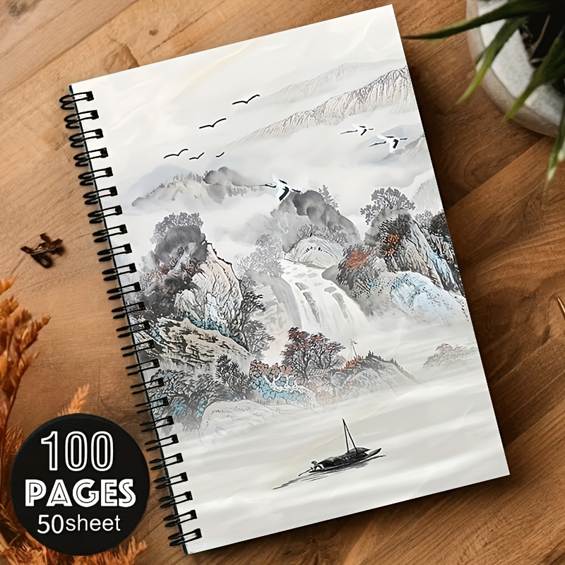 1pc traditional chinese ink painting landscape a5 spiral notebook black spiral 24 hole binding 50 sheets 100 pages mountains and crane design classroom notes office meeting records portable writing for professionals and office use