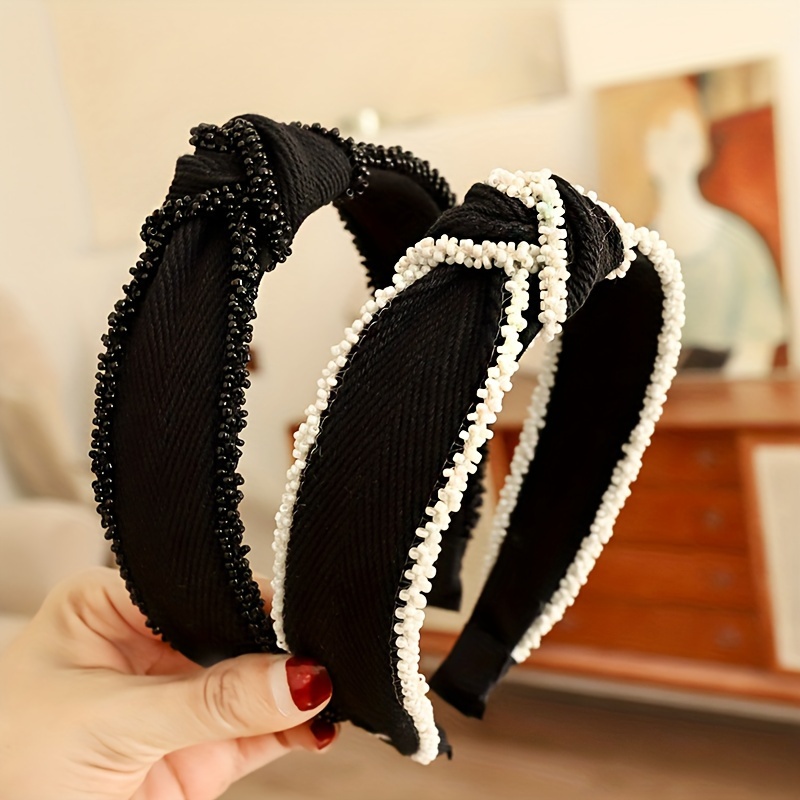 

Elegant Fabric Headbands Set With Pearls - Solid Color Daily Hairbands For Adults, 1/2 Pieces Set, Trendy Wide Hair Accessories Without Feathers