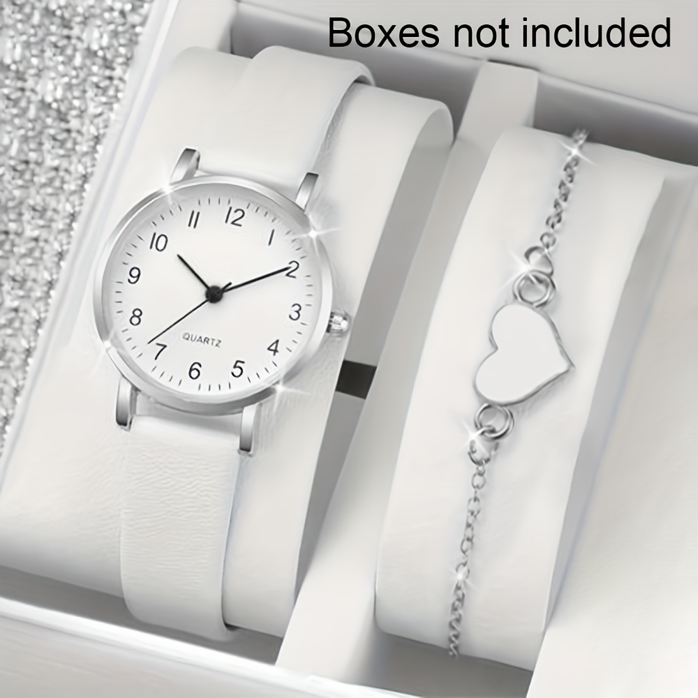 

2pcs/set Women's Casual Fashion Quartz Watch Analog Pu Leather Wrist Watch & Heart Bracelet, Valentines Gift For Her
