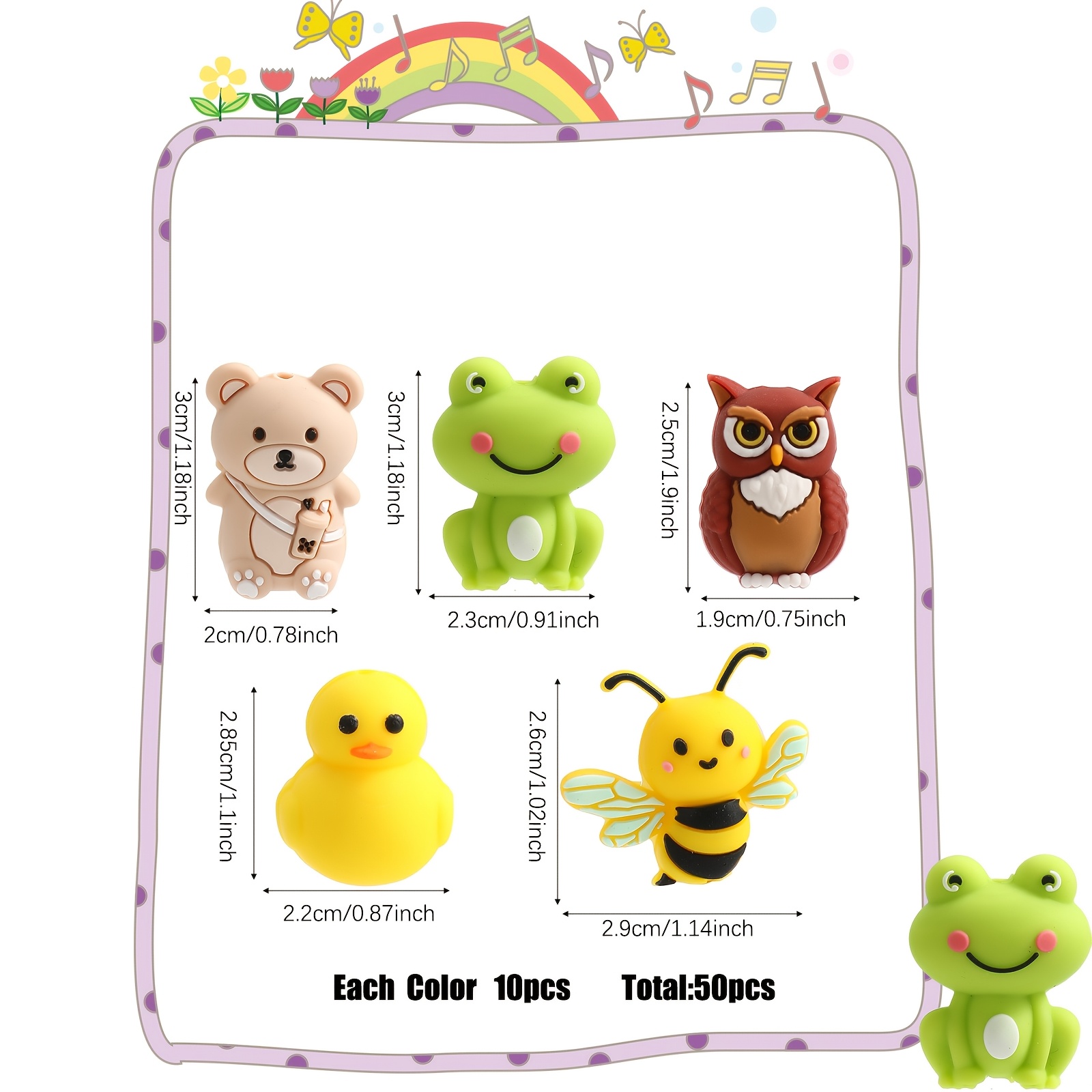 50pcs 3d Silicone Bead Set - Bee, Bear, Owl, Frog, Duck Shapes For , Keychains, And Phone Pendants Handmade Kit