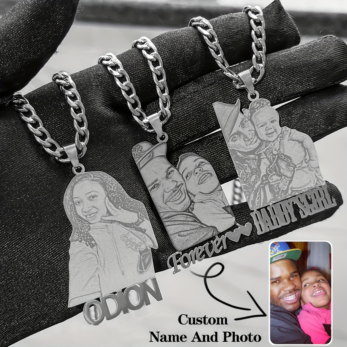 

Dhqh Custom Laser Engraved Photo Pendant Necklace For Men, Personalized Hip Hop Stainless Steel Chain, No Plating Funky Style Jewelry, Family/ Gift, Shape/pattern: