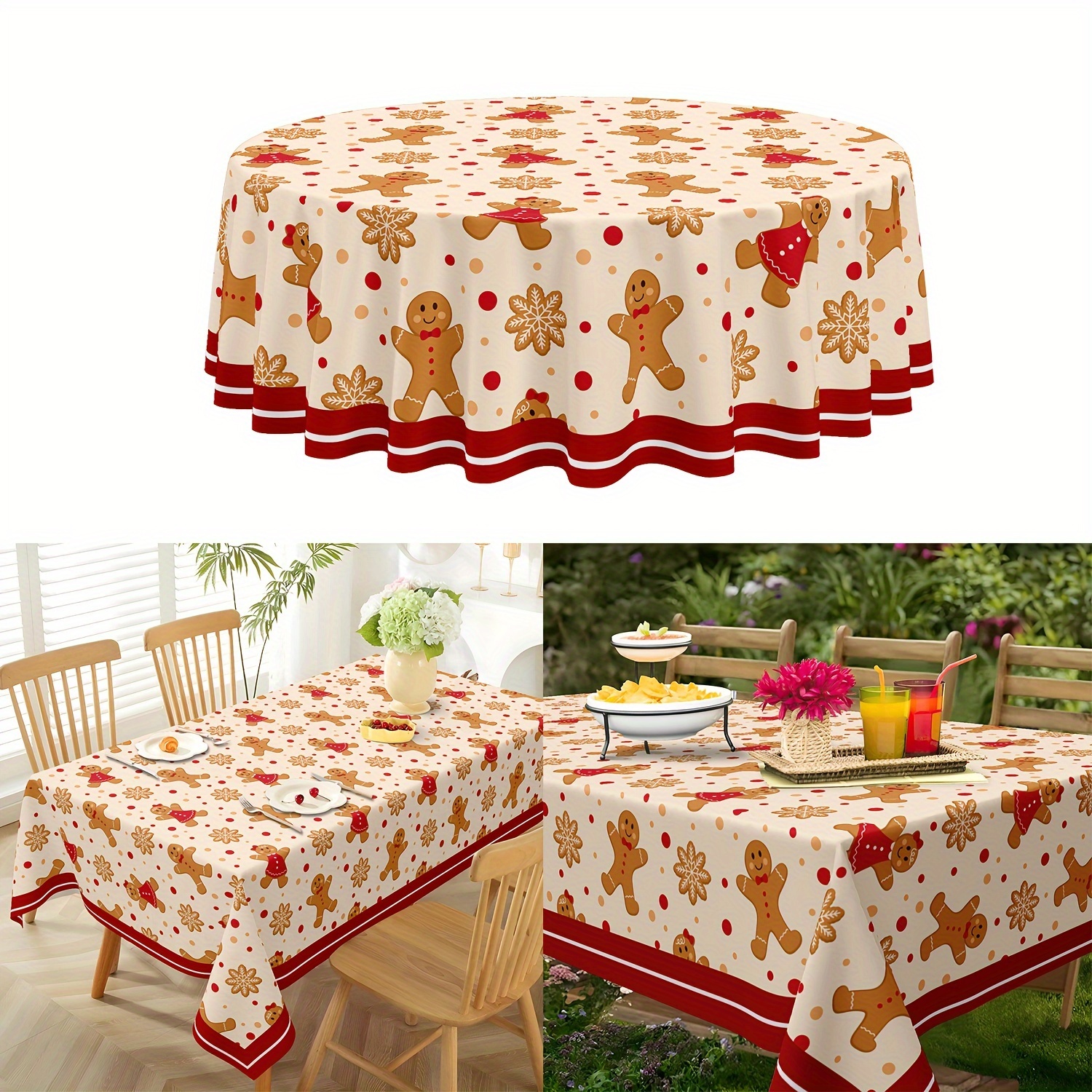 

des Fêtes, Nappe de Noël Rouge avec Pain d'Épice & - Couverture de Table Ronde en Polyester pour Repas , Décoration de Noël, pour Noël